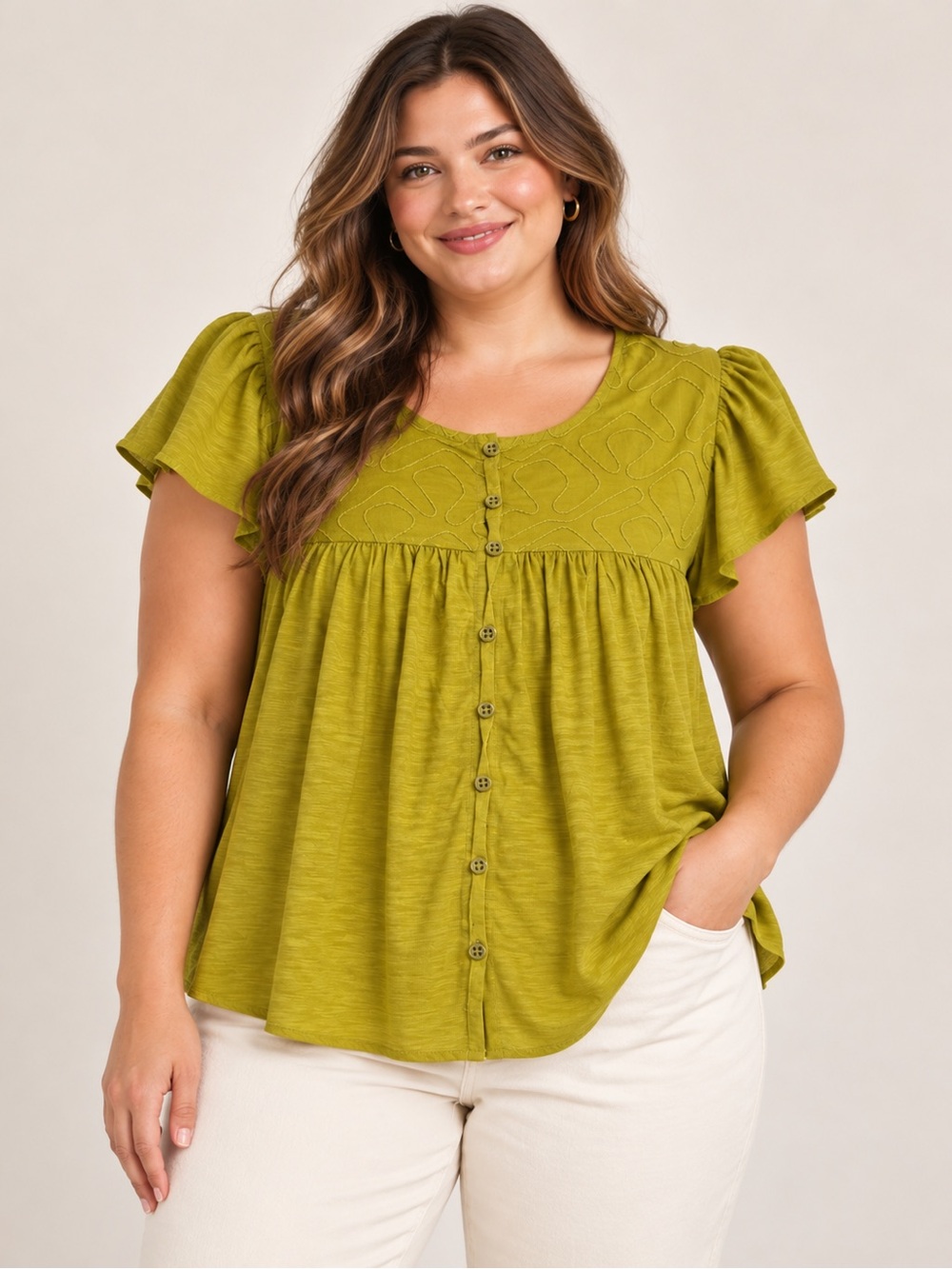 NWT New  Jane and Delancey Olive Button Front Flutter Sleeve Cotton Top Size 3X